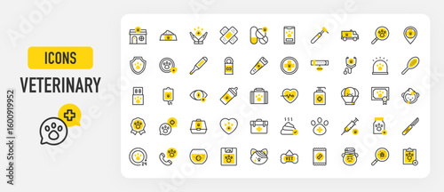 Veterinary icons. Consultation, Search, Heartbeat, Weight Scale, Eye, Vet, Pet Food, Hairbrush, Stethoscope, Syringe, Dog Food, Antiseptic, Protection, Pill vector stroke illustration.