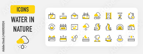 Water in nature icons. Evaporation, Recycling Water, Vapors, Lake, Cove, River, Creek, Raining, Drops, Tide, Puddle, Mountains vector stroke illustration.	
