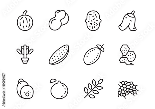 Set of twelve simple black line art icons of food and plants on white background collection