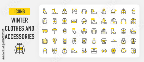 Winter clothes and accessories icons. Pants, Blanket, Hoodie, Earmuffs, Helmet, Socks, Raincoat, Sweatpants, Jacket, Sweater, Mittens, Raincoat, Slippers vector stroke illustration.	
