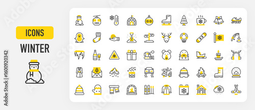 Winter icons. Slippery Road, Thermometer, Present, Reindeer, Coat, Iceberg, Snow Boots, Snow globe, Winter Hat, Gloves, Scarf, Fireplace, Skii, Calendar vector stroke illustration.	
