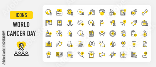 World Cancer Day icons. Lungs, Brain, Microscope, Man, Rash, Liver Cancer, Detection, DNA, Breast Cancer, Medicine, Injection, Fist, Stomach, Bone vector stroke illustration.	
