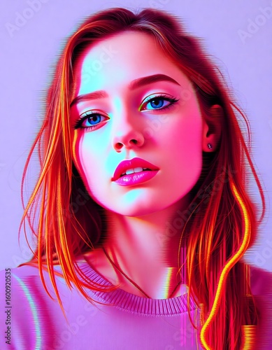 Portrait of a young woman with red hair and blue eyes looking at the camera in vibrant colors