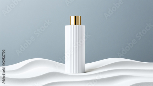 Elegant minimalist white bottle with gold cap on wavy surface