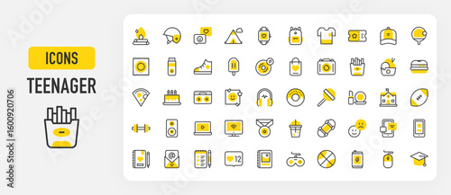 Teenager icons. Ticket, Gradation Hat, Condom, Notebook, Camera, Make Up, Tent, School, Drink Can, Basketball, Joystick, Headphones, Emoticons vector stroke illustration.	
