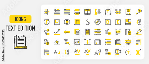Text edition icons. Number, Table, Layout, Text Box, Spell Check, Edit Tool, Bullet, Highlight, Quote, Link, Document, Sort, Vertical, Paragraph, Border vector stroke illustration.	
