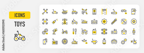Toys icons. Gyroscope, Speedboat, Receiver, Controller, Motorbike, Boat, Tank, Track, Motor, Fuel, Submarine, Plane, Controller, Robot, Battery, Wheel, Drone vector stroke illustration.