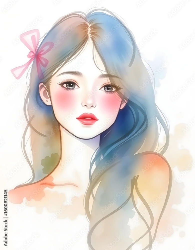 Naklejka premium Watercolor illustration of a girl with blue hair and a pink bow on a white background portrait art