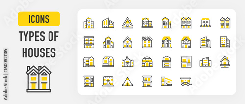 Type of house icons. Cabin, Camping Tent, Apartment, Modern House, Duplex, Apartment, Castle, Igloo, Garage, Mansion, Tree House, Apartment, Mansion vector stroke illustration.	
