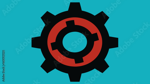 Black Gear Icon Red Center Teal Background wheel symbol