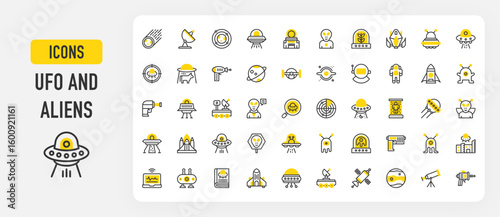 Ufo and aliens icons. Telescope, Abducting, Galaxy, Meteorite, Mars Rover, Ufo, Ray, Black Hole, Spaceship, Vehicle, Satellite, Mars, Space Gun, Cosmonaut vector stroke illustration.	
