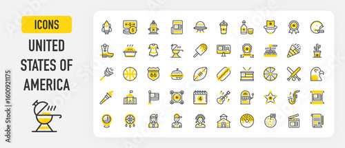 United States of America icons. Location, Eagle, Church, Dream Catcher, Woman, Rapper, Man, Doughnut, Moon, Clapperboard, Spaceship, Dollar vector stroke illustration.	
