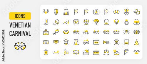 Venetian carnival icons. Purse, Carnival Mask, Diamond Ring, Jester Hat, Cheers, Phantom Of The Opera, Eye Mask, Top Hat, Party Hat, Flag, Fireworks, Drum vector stroke illustration.	
