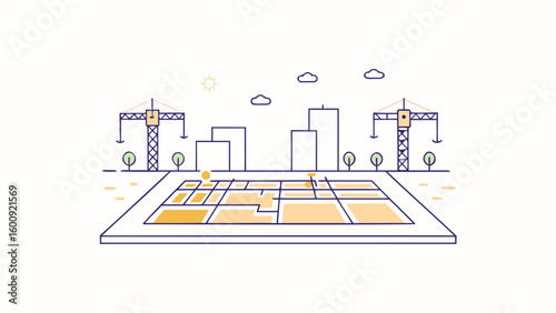 Illustration of a city plan with buildings cranes trees and clouds in a minimalist style design view