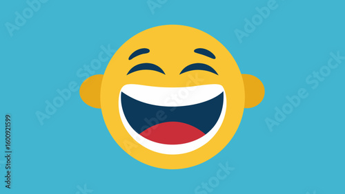 Yellow Emoji Face Icon Laughing Widely Big Open Mouth Red Tongue Blue Background