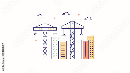 Illustration of city skyline with two construction cranes and buildings against a light background view