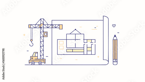 Illustration of construction crane next to a blueprint with a house plan and a pencil with a small heart