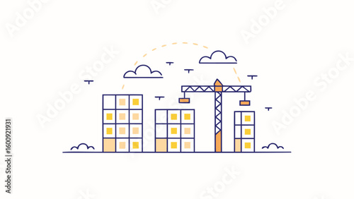 Illustration of a construction site with buildings under construction and a crane under a cloudy sky