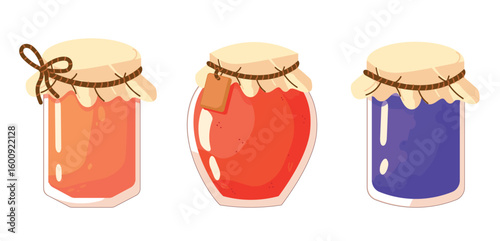 Fruit and berries jam collection vector illustration. Set of homemade preserves in glass jars.