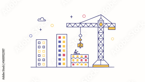 Illustration of a construction site with buildings, a crane, and a worker on top of a building under construction