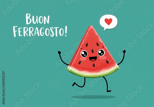 Cute cartoon watermelon character wishing buon ferragosto with a heart
