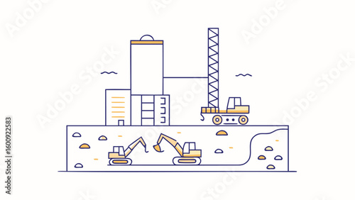 Illustration of a construction site with excavators, a crane, and buildings in a minimalist style art