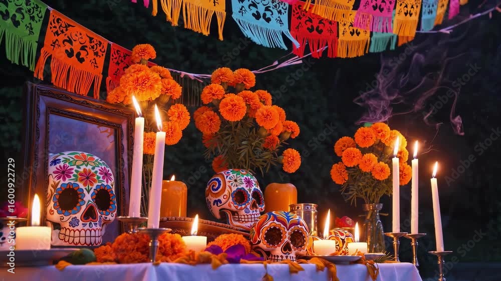 Beautifully decorated Day of the Dead altar (ofrenda) featuring candles ...