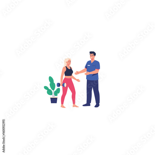 Professional physical therapist assisting a female patient with rehabilitation exercises and fitness training for health.
