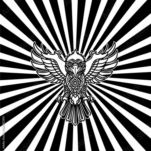 Intricate Garuda Symbol with Spread Wings on Radiating Black and White Background