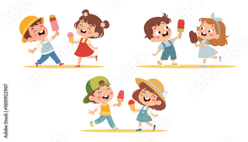 Cute happy boys and girls with ice cream. Children eating ice cream. Summer vacation, joy, relaxation. Cartoon vector illustration on white background