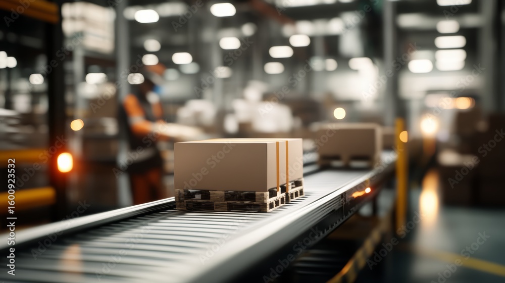 Obraz premium AI-powered robotic system handling packaging line in warehouse, advanced sensors,