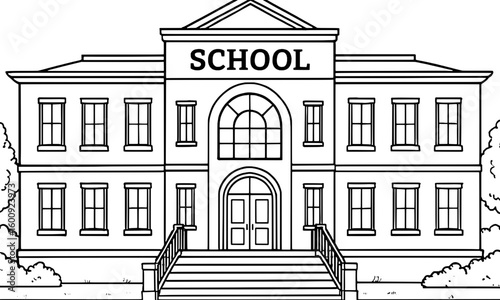 School building architecture outline illustration with school sign, exterior facade