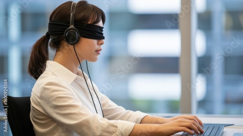 A woman is blindfolded and wearing headphones while typing on a laptop in an office setting.