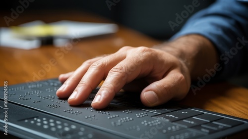 A person reads Braille on a tactile reading device, highlighting accessibility for the visually impaired.