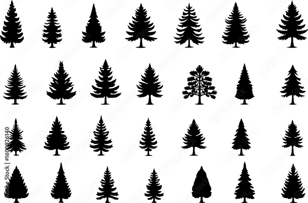 Naklejka premium Tree Silhouette Collection – Pine, Fir & Deciduous Tree Icons vector bundle