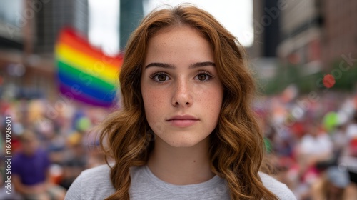 A young woman with red hair and freckles faces the camera at a crowded outdoor event with a rainbow pride flag in the blurred background.