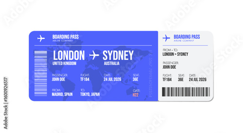 Airline ticket design. Airplane boarding pass with passenger name and destination. Travel, trip or business trip concept.