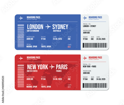 Airline ticket design. Airplane boarding pass with passenger name and destination. Travel, trip or business trip concept.