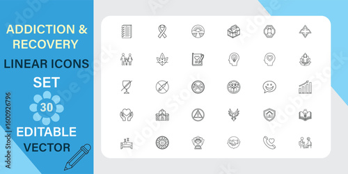 Thirty linear icons depicting addiction, recovery, support, therapy, and related concepts. 