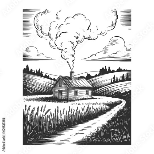 Vintage vector illustration of serene farmland with rolling hills, farmhouse, and wheat field in rustic engraved black and white style