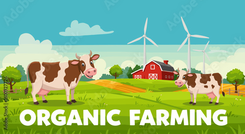 Charming cartoon cows for promoting organic farming and healthy children's nutrition