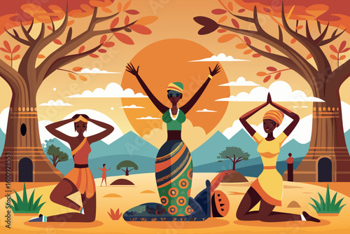 Celebration of cultural heritage with traditional dance under a vibrant sunset in an African landscape
