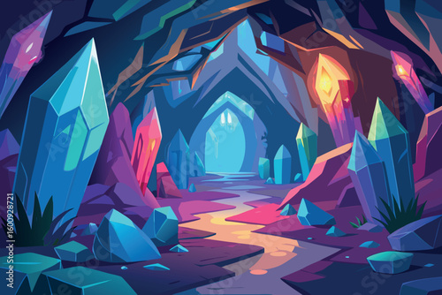 Vibrant crystal cave with colorful gemstones illuminated by soft light in an enchanting underground setting