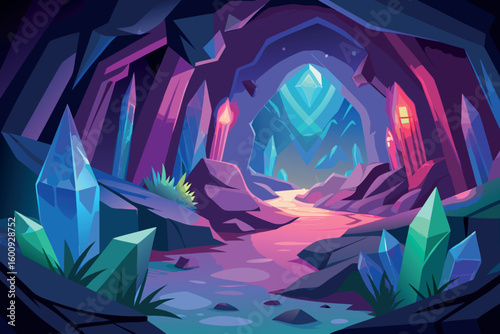 Glowing crystal cave with colorful gemstones illuminating the rocky path amidst vibrant hues and enchanting atmosphere