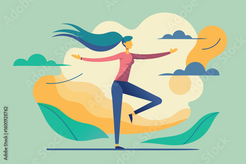 Woman practicing yoga in a serene environment with stylized clouds and leaves during daytime