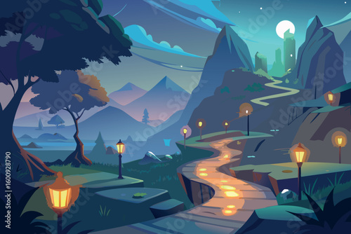 Pathway through a serene landscape illuminated by lanterns under a moonlit sky