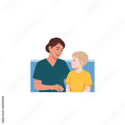 Friendly female pediatrician or nurse consulting with a young child boy, offering kind and comforting medical care.