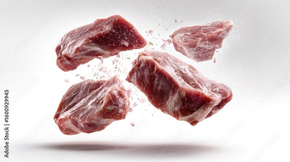 Obraz premium Delicious raw pork neck steaks, ready for grilling, flying in air on white