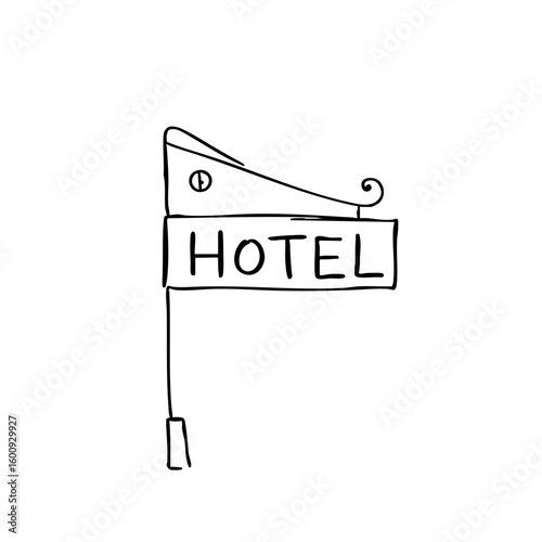 Simple line sketch of a hotel sign with a decorative design  