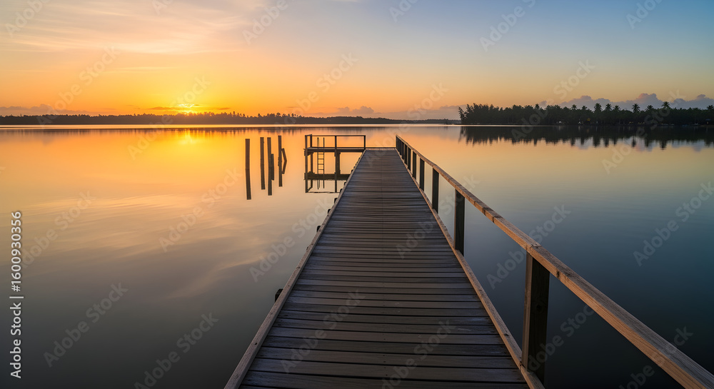 Fototapeta premium Golden Hour Serenity: Wooden Pier Stretching into Calm Water with Vibrant Sunset Reflections